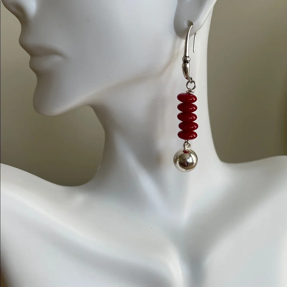 HAND CRAFTED RED & SILVER BALL DROP DANGLE EARRINGS Modern Minimalist Statement